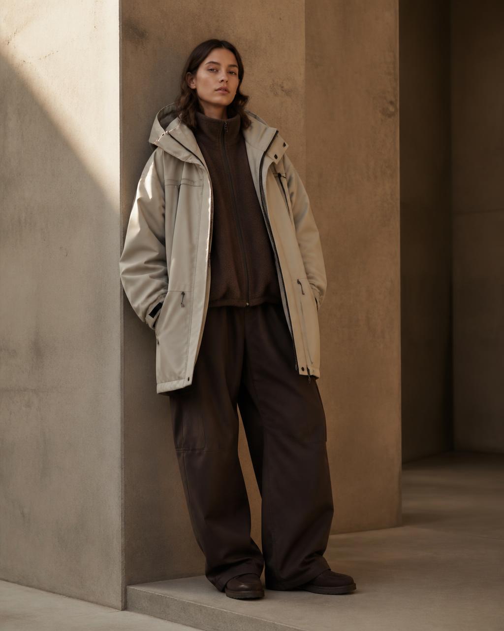 Model in an oversized technical shell jacket and heavy layers in a concrete architectural space